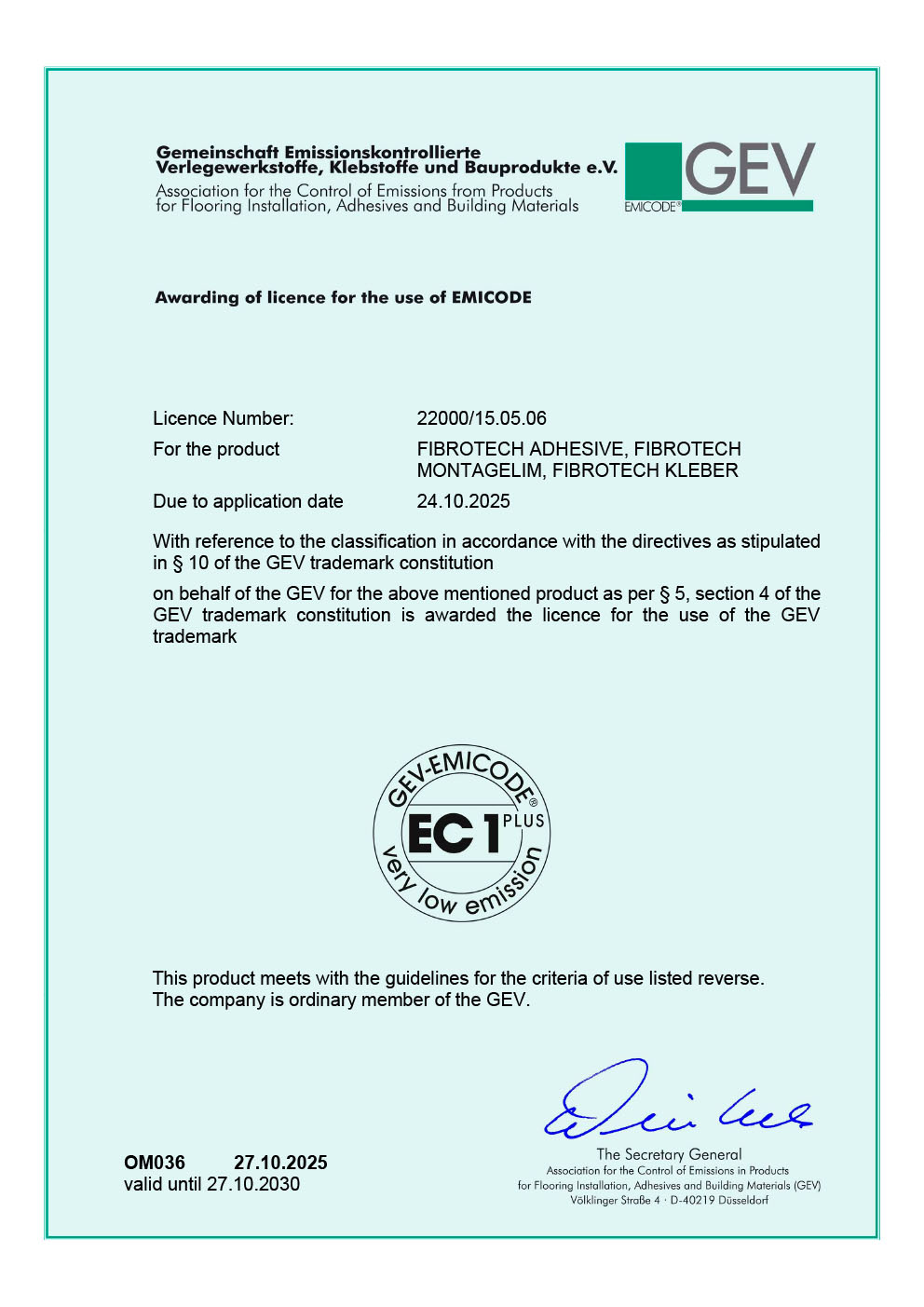 FibroTech glue SDS Certificate